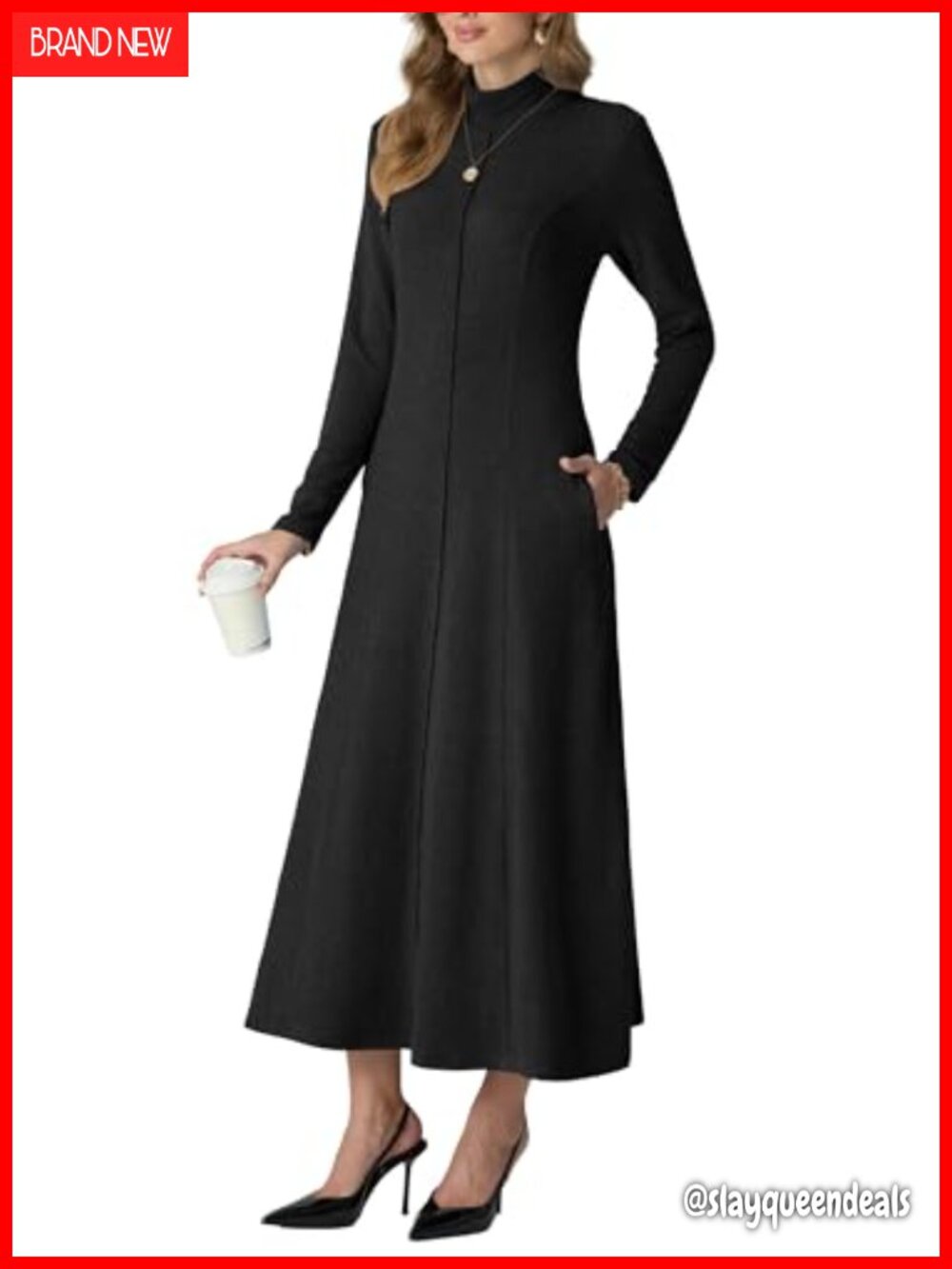 Women's Mock Neck Long Sleeve Flared Maxi Sweater Dress with Pockets
